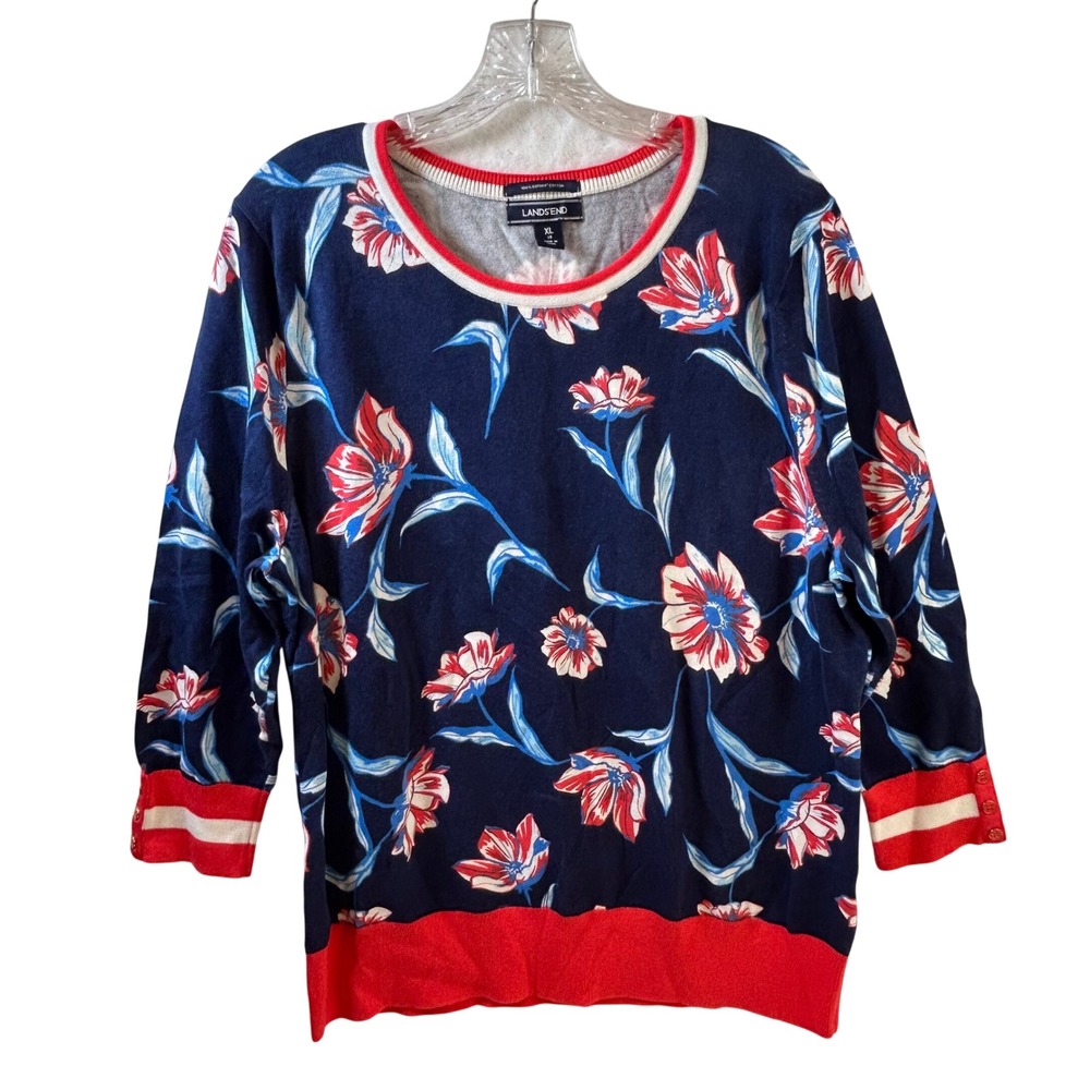 Lands End Womens XL Navy Blue Floral 100% Supima Cotton 3/4 Sleeve Sweater
